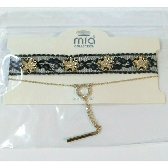 Mia Collection Black Lace & Gold Floral Choker + Diamond Studded Circle Necklace - Picture 11 of 11
